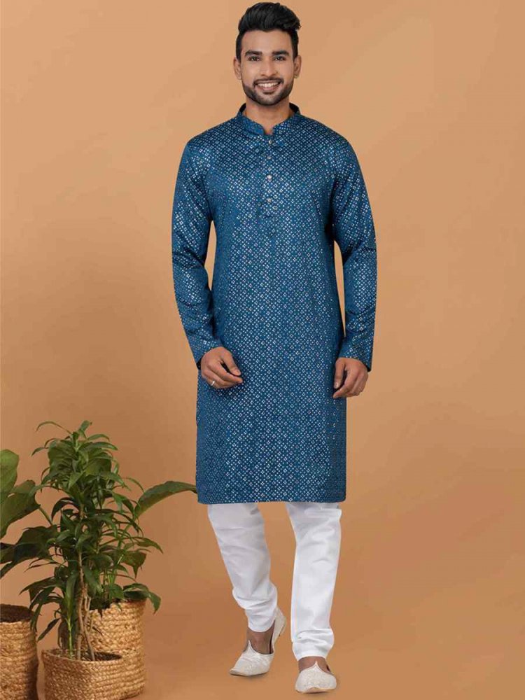 Teal Semi Gaji Silk Embroidered Festival Wedding Kurta