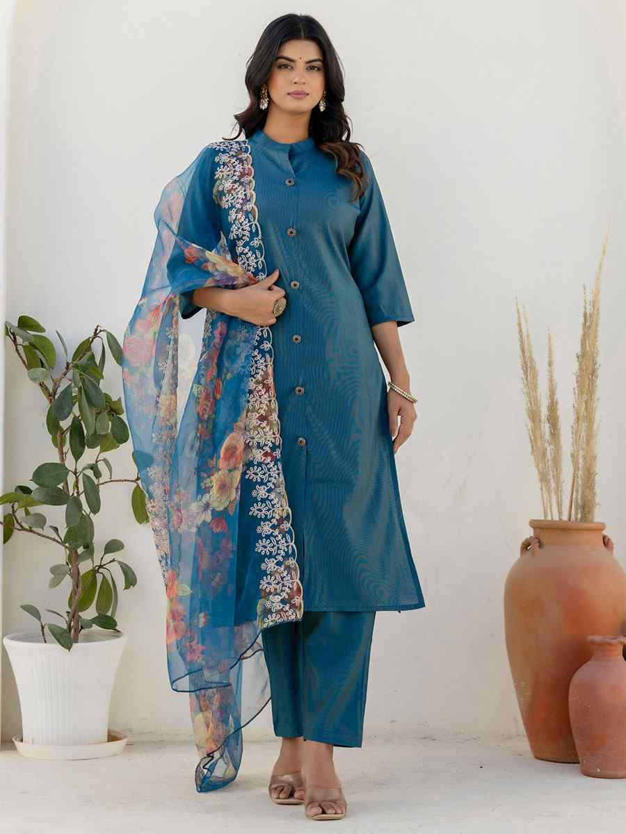 Teal Shimmer Silk Embroidery Party Wedding Festival Casual Ready Pant Salwar Kameez