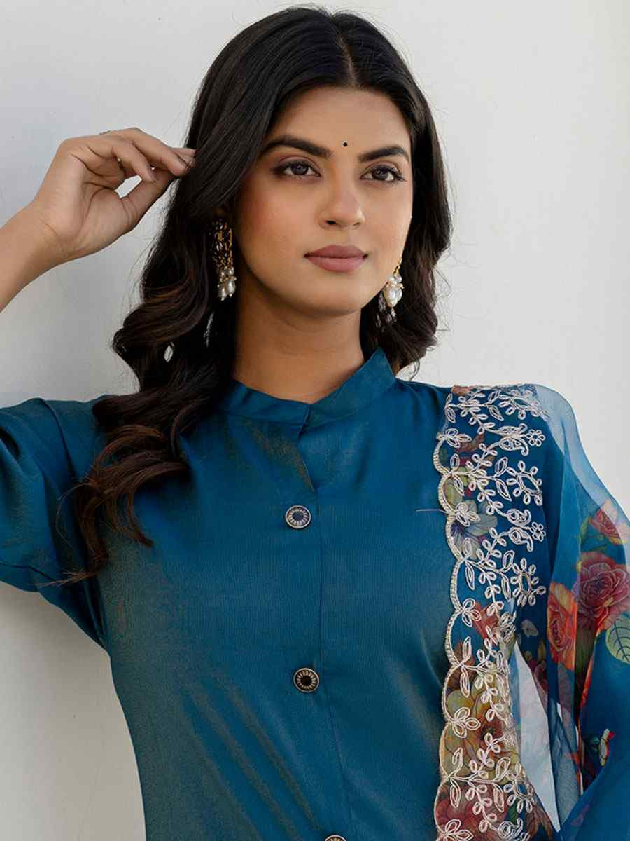 Teal Shimmer Silk Embroidery Party Wedding Festival Casual Ready Pant Salwar Kameez