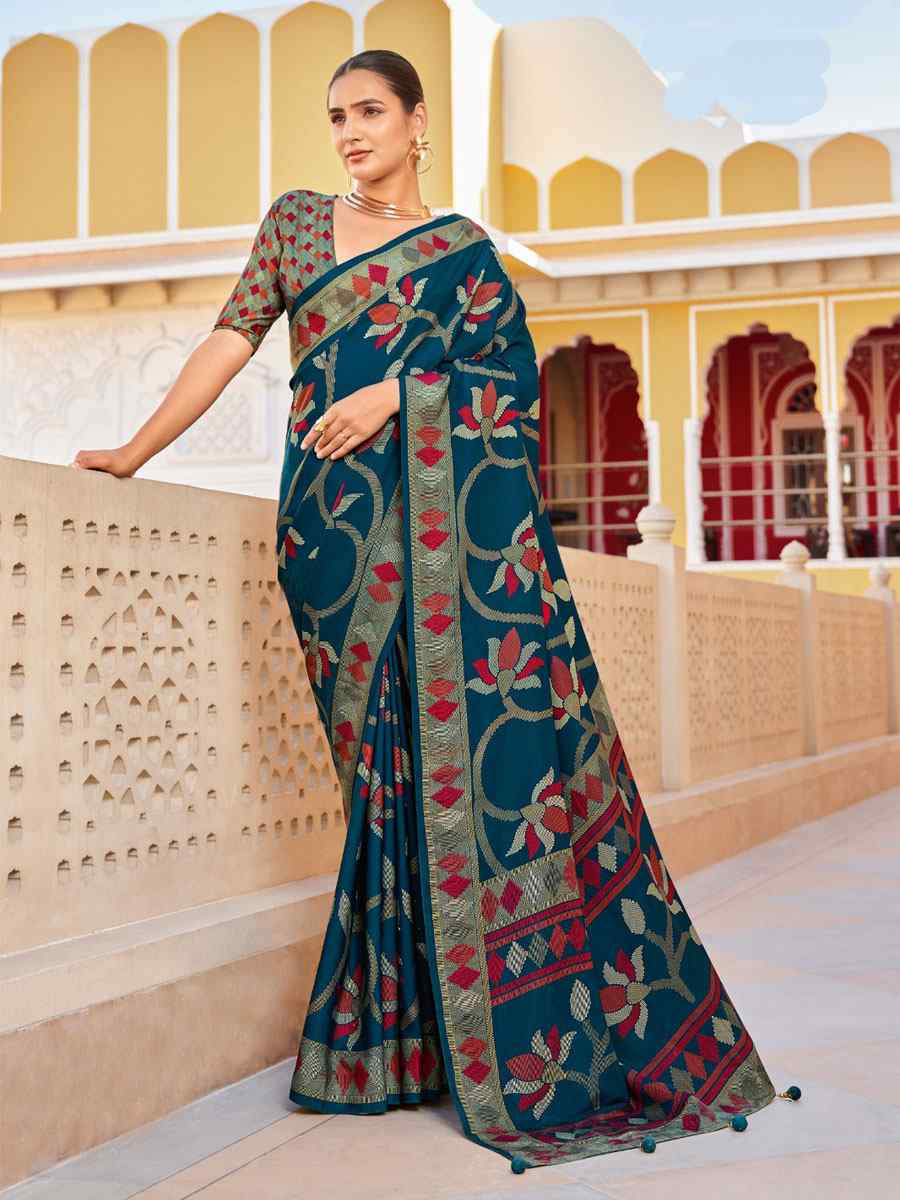 Teal Sigma Silk Zari Handwoven Casual Reception Festival Wedding Fancy Heavy Border Saree
