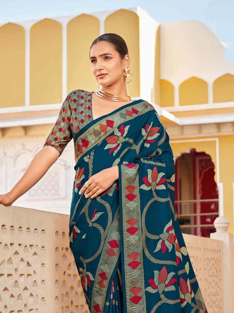 Teal Sigma Silk Zari Handwoven Casual Reception Festival Wedding Fancy Heavy Border Saree
