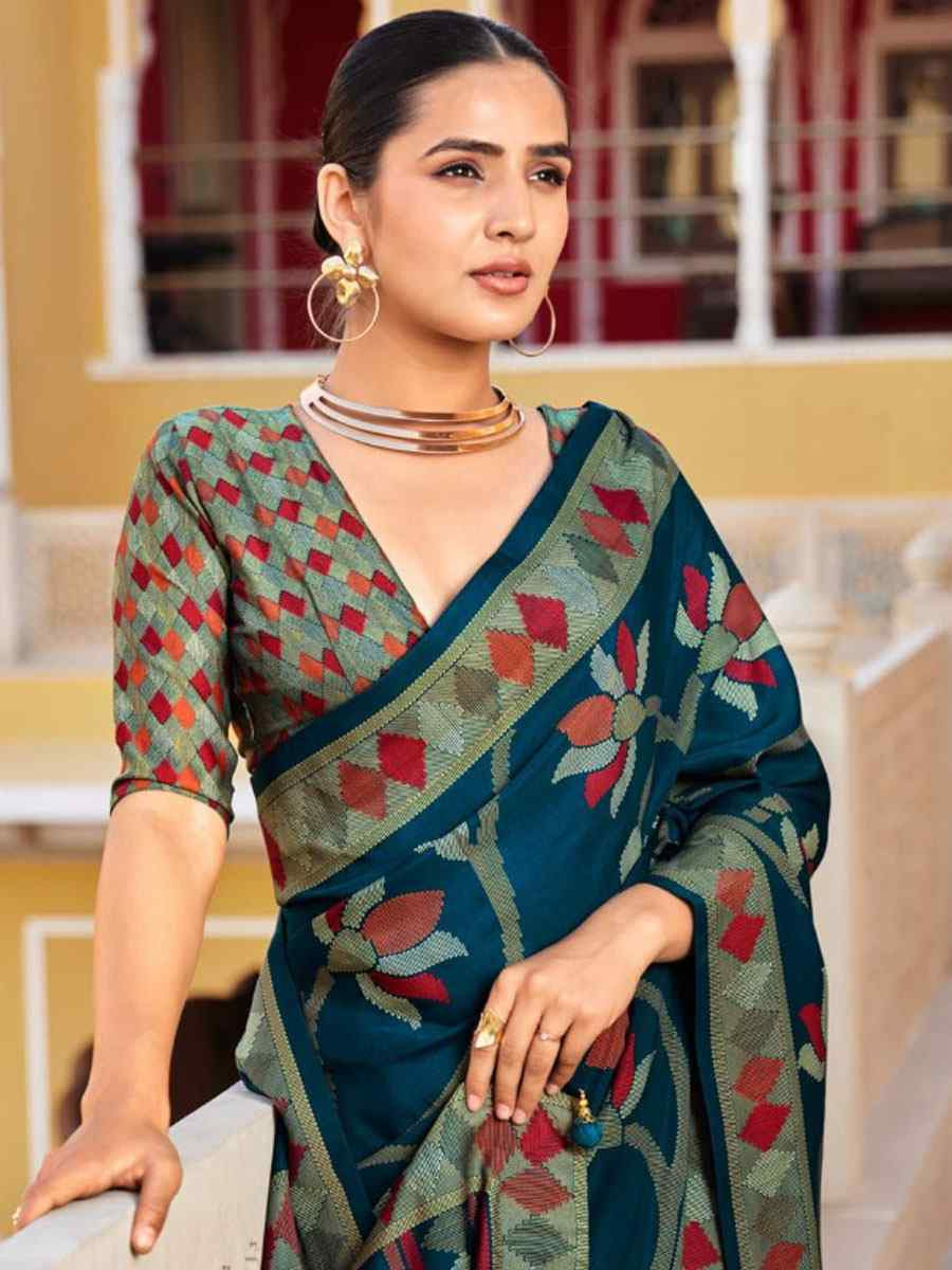 Teal Sigma Silk Zari Handwoven Casual Reception Festival Wedding Fancy Heavy Border Saree