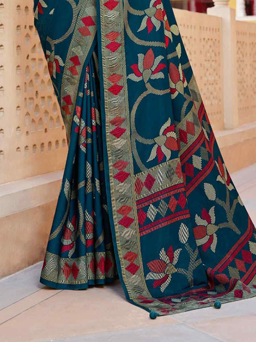 Teal Sigma Silk Zari Handwoven Casual Reception Festival Wedding Fancy Heavy Border Saree