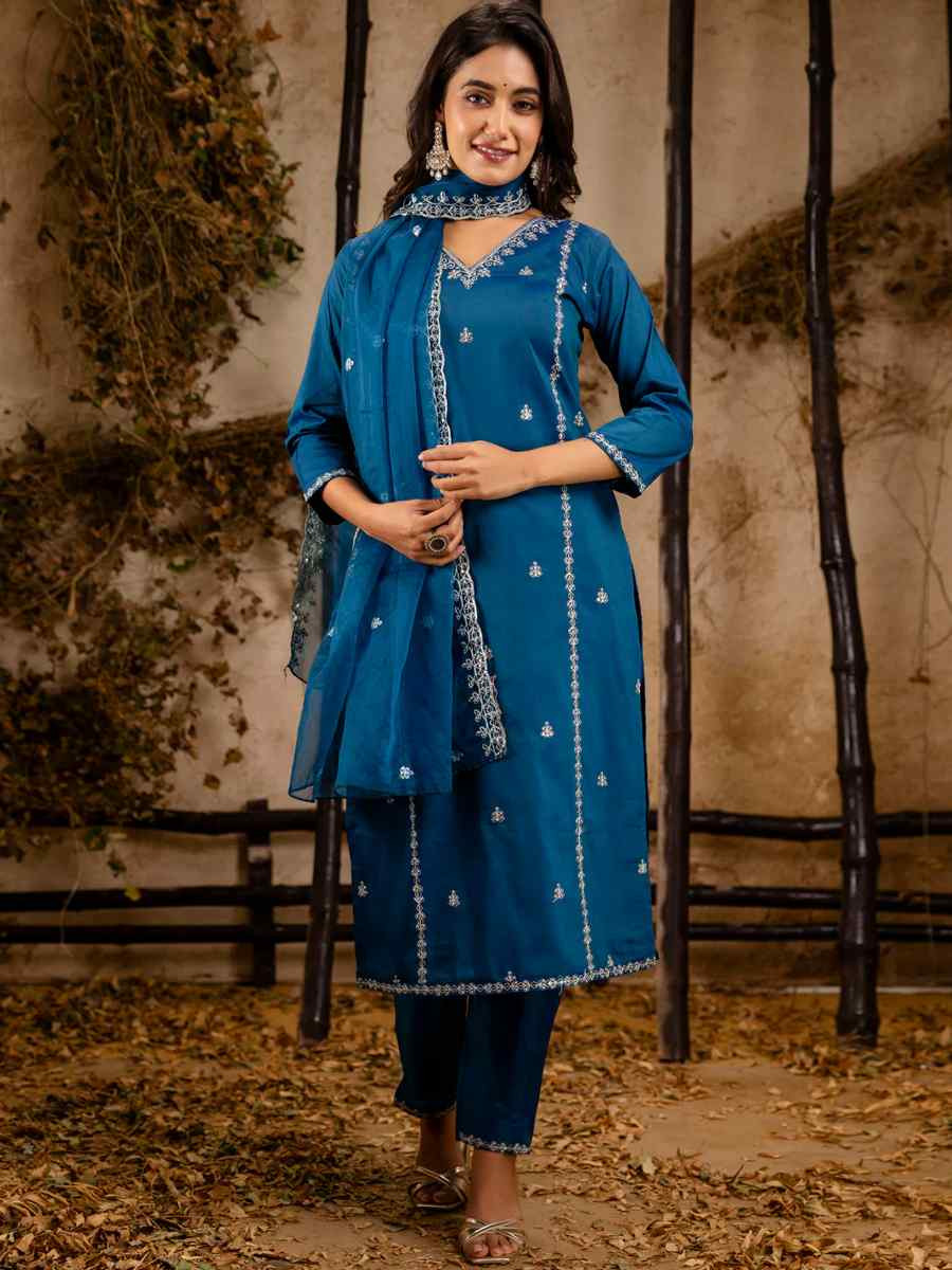 Teal Silk Blend Embroidered Festival Casual Ready Pant Salwar Kameez