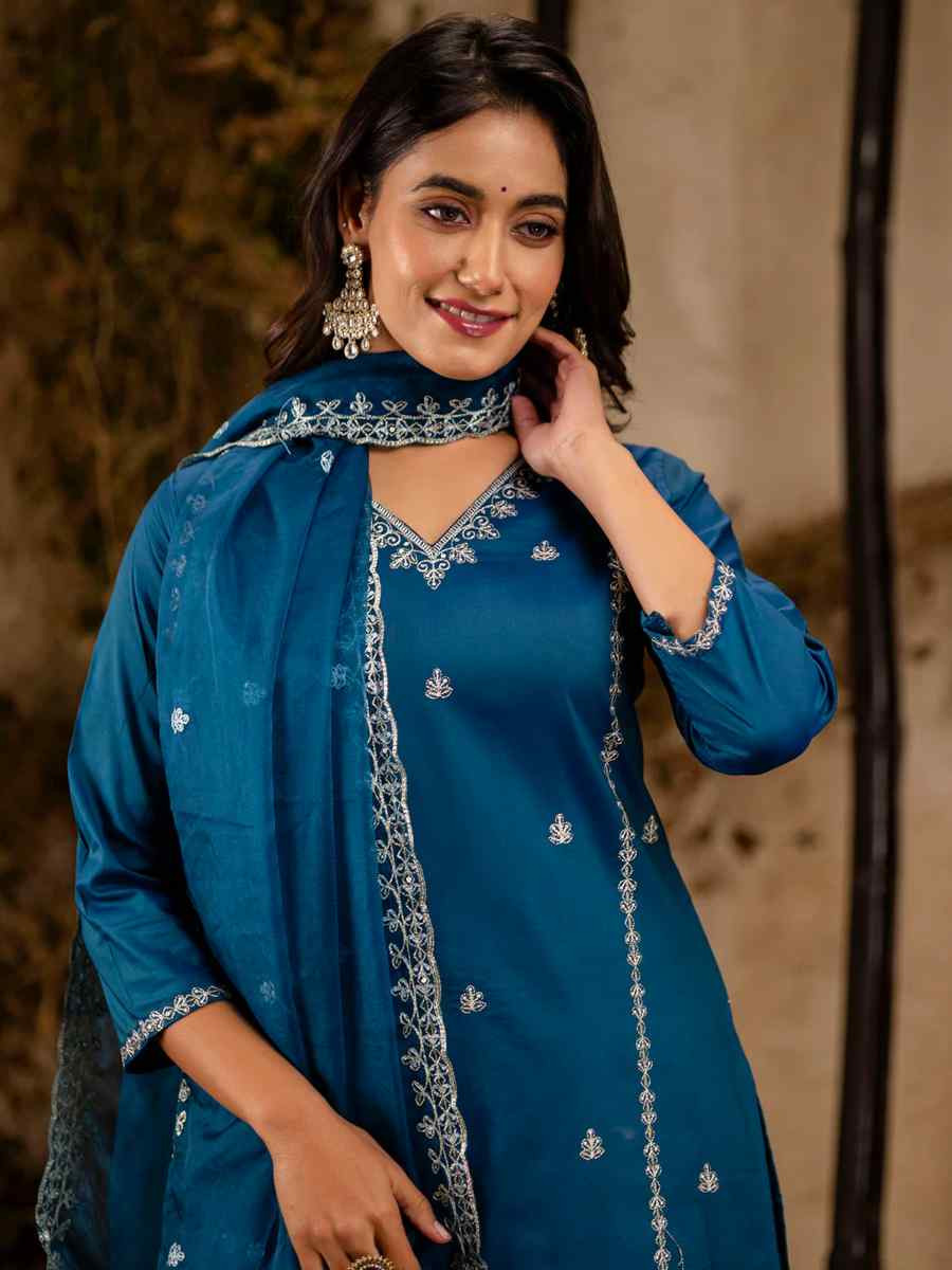 Teal Silk Blend Embroidered Festival Casual Ready Pant Salwar Kameez