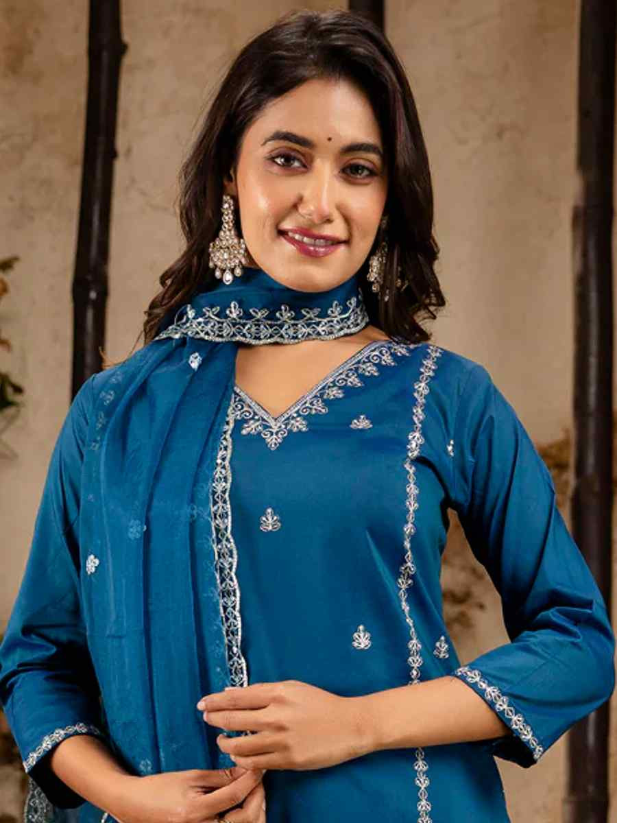 Teal Silk Blend Embroidered Festival Casual Ready Pant Salwar Kameez