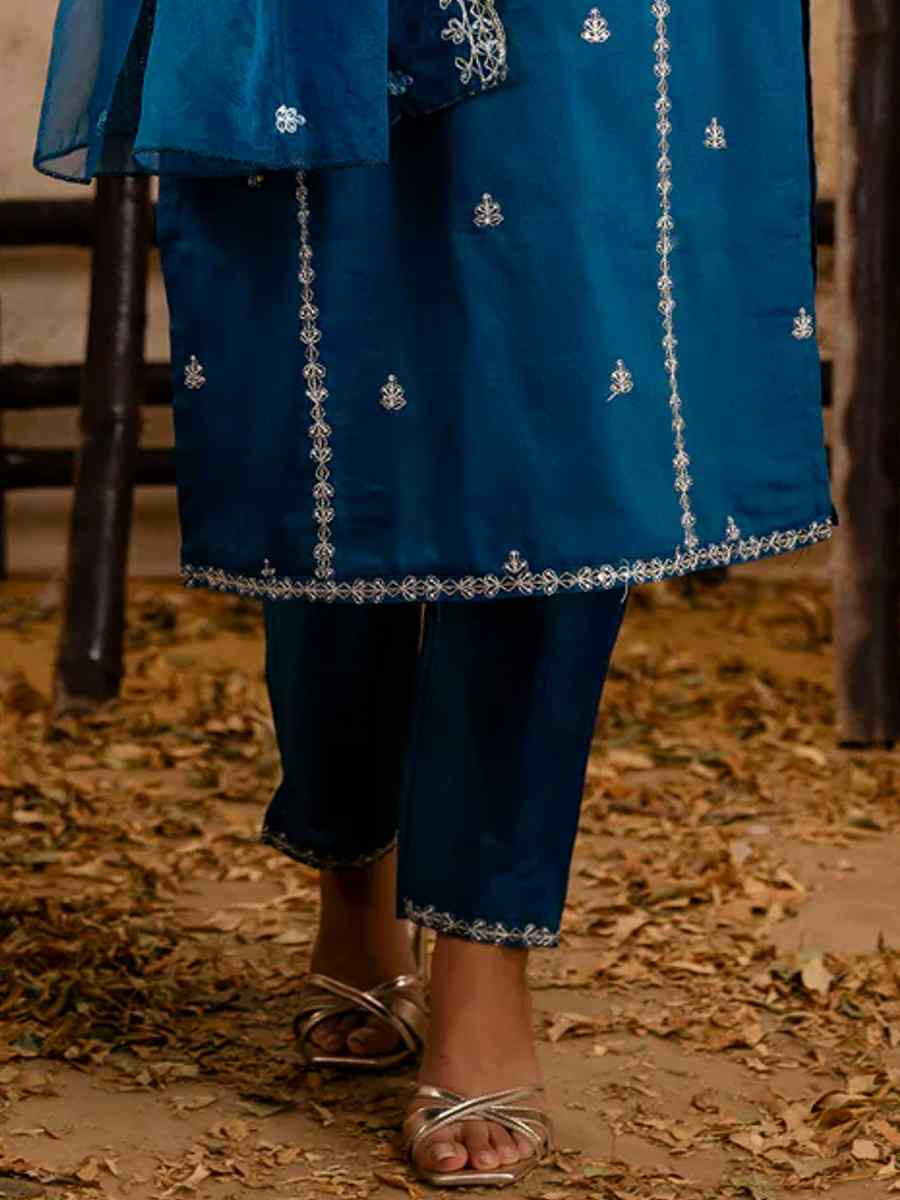 Teal Silk Blend Embroidered Festival Casual Ready Pant Salwar Kameez