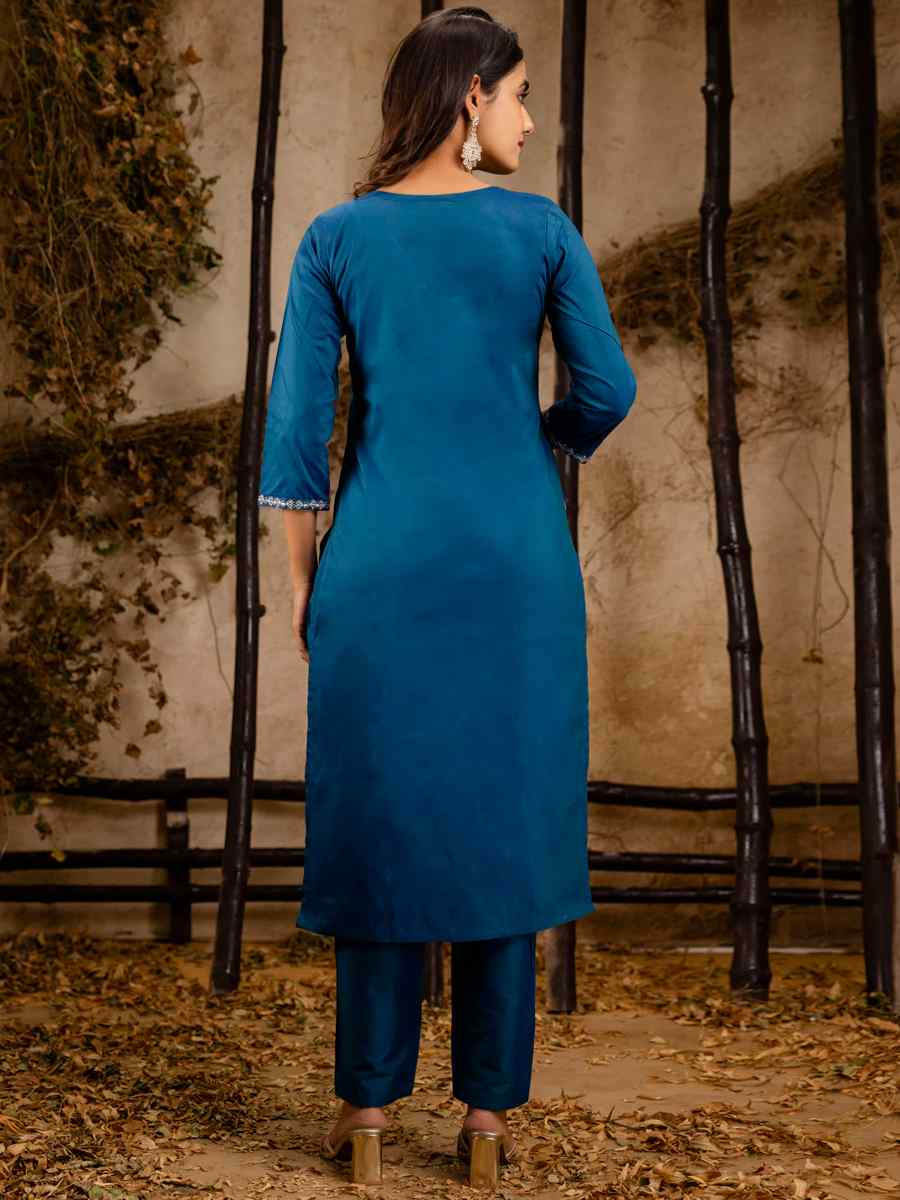 Teal Silk Blend Embroidered Festival Casual Ready Pant Salwar Kameez