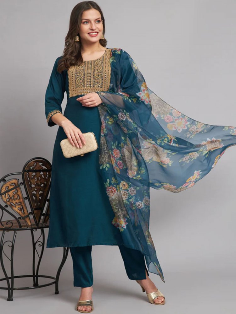 Teal Silk Blend Embroidered Festival Casual Ready Pant Salwar Kameez