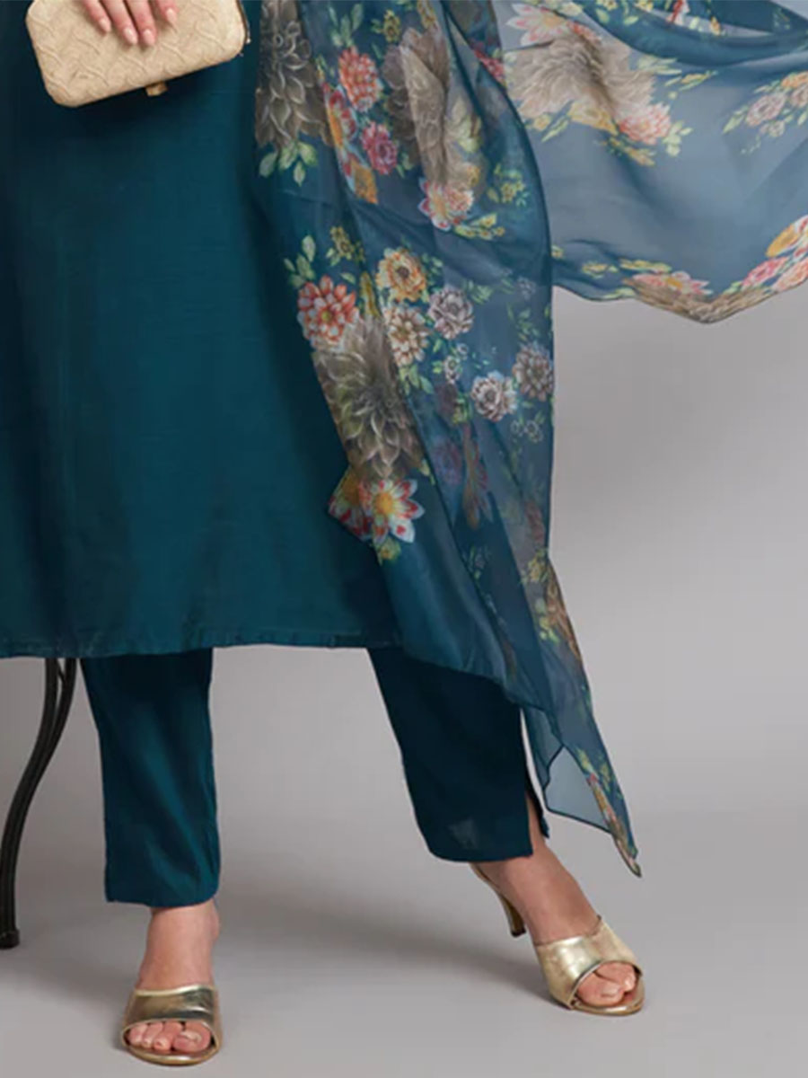 Teal Silk Blend Embroidered Festival Casual Ready Pant Salwar Kameez