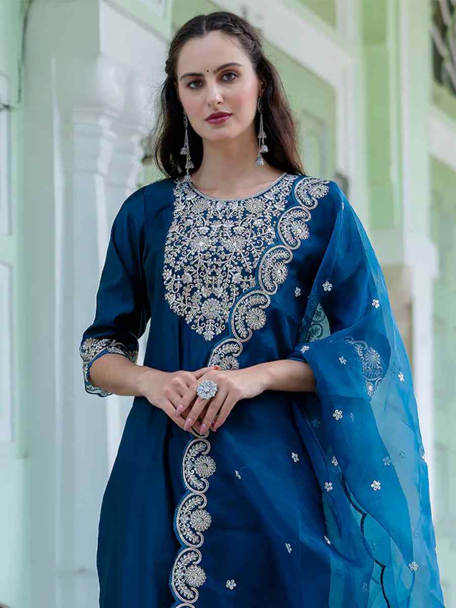 Teal Silk Blend Embroidered Party Casual Ready Pant Salwar Kameez