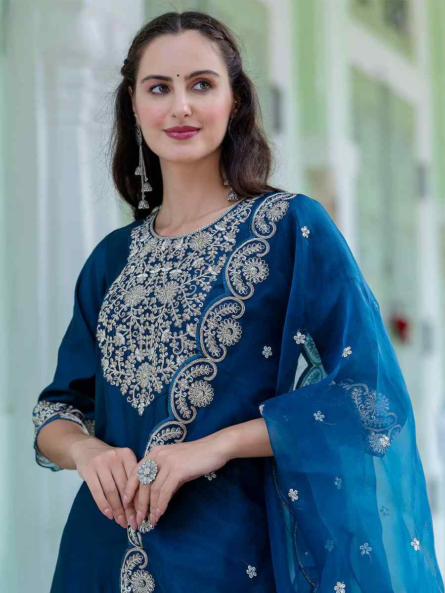 Teal Silk Blend Embroidered Party Casual Ready Pant Salwar Kameez