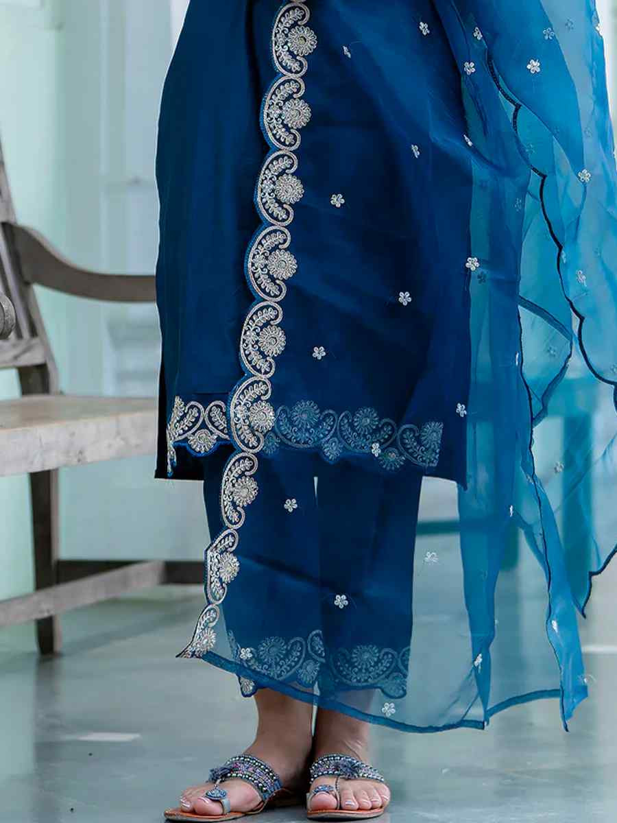 Teal Silk Blend Embroidered Party Casual Ready Pant Salwar Kameez