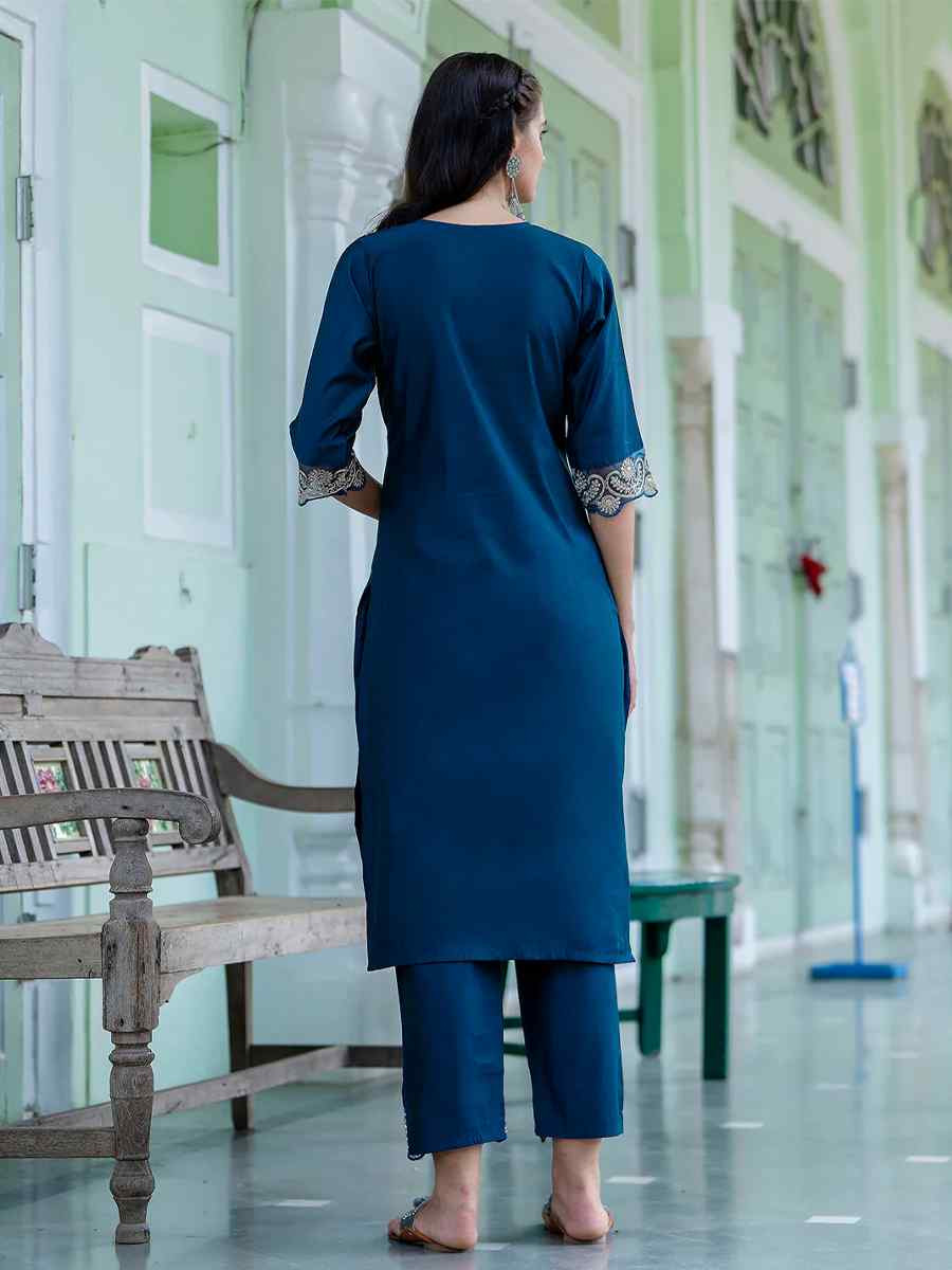 Teal Silk Blend Embroidered Party Casual Ready Pant Salwar Kameez