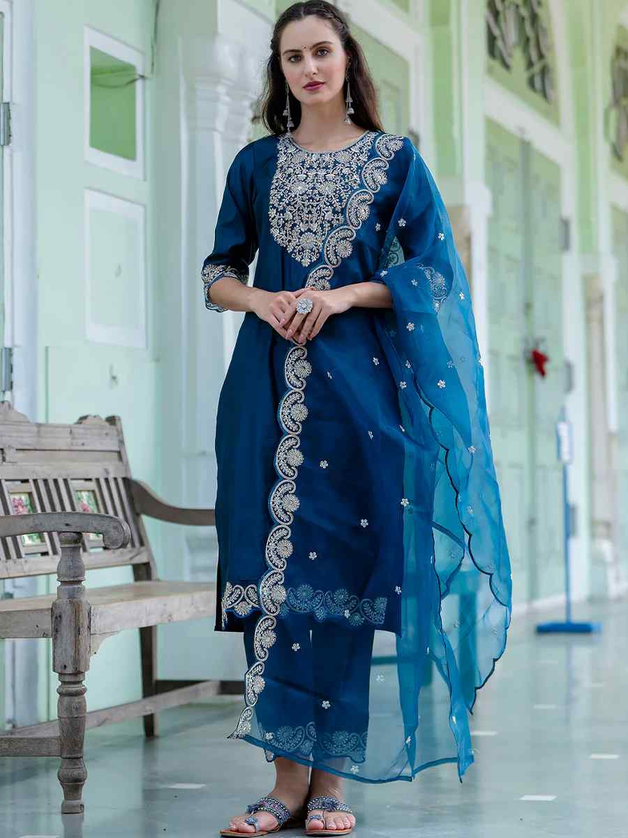 Teal Silk Blend Embroidered Party Casual Ready Pant Salwar Kameez