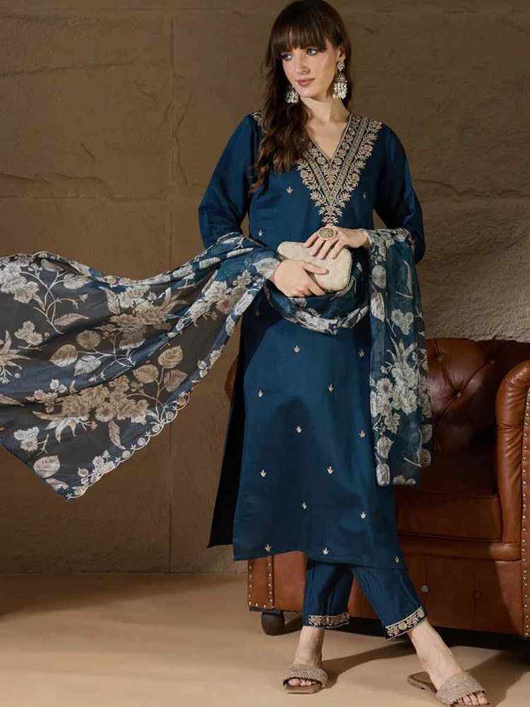 Image of Teal Silk Blend Embroidery Party Wedding Festival Casual Ready Pant Salwar Kameez