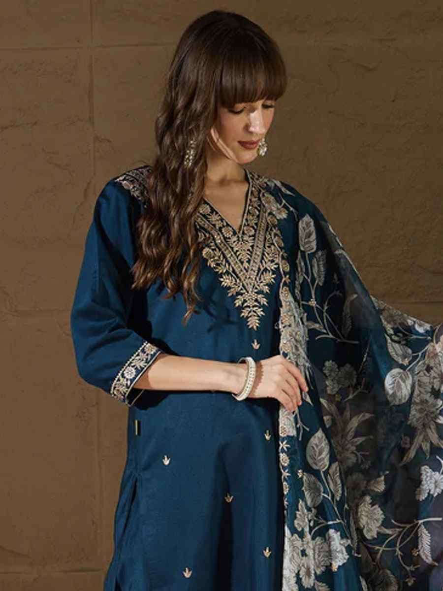 Teal Silk Blend Embroidery Party Wedding Festival Casual Ready Pant Salwar Kameez