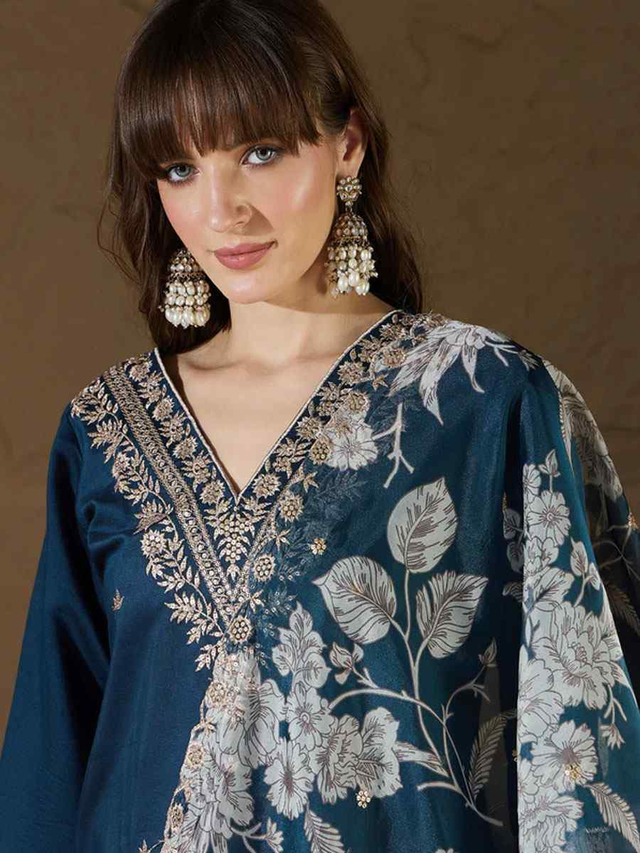 Teal Silk Blend Embroidery Party Wedding Festival Casual Ready Pant Salwar Kameez
