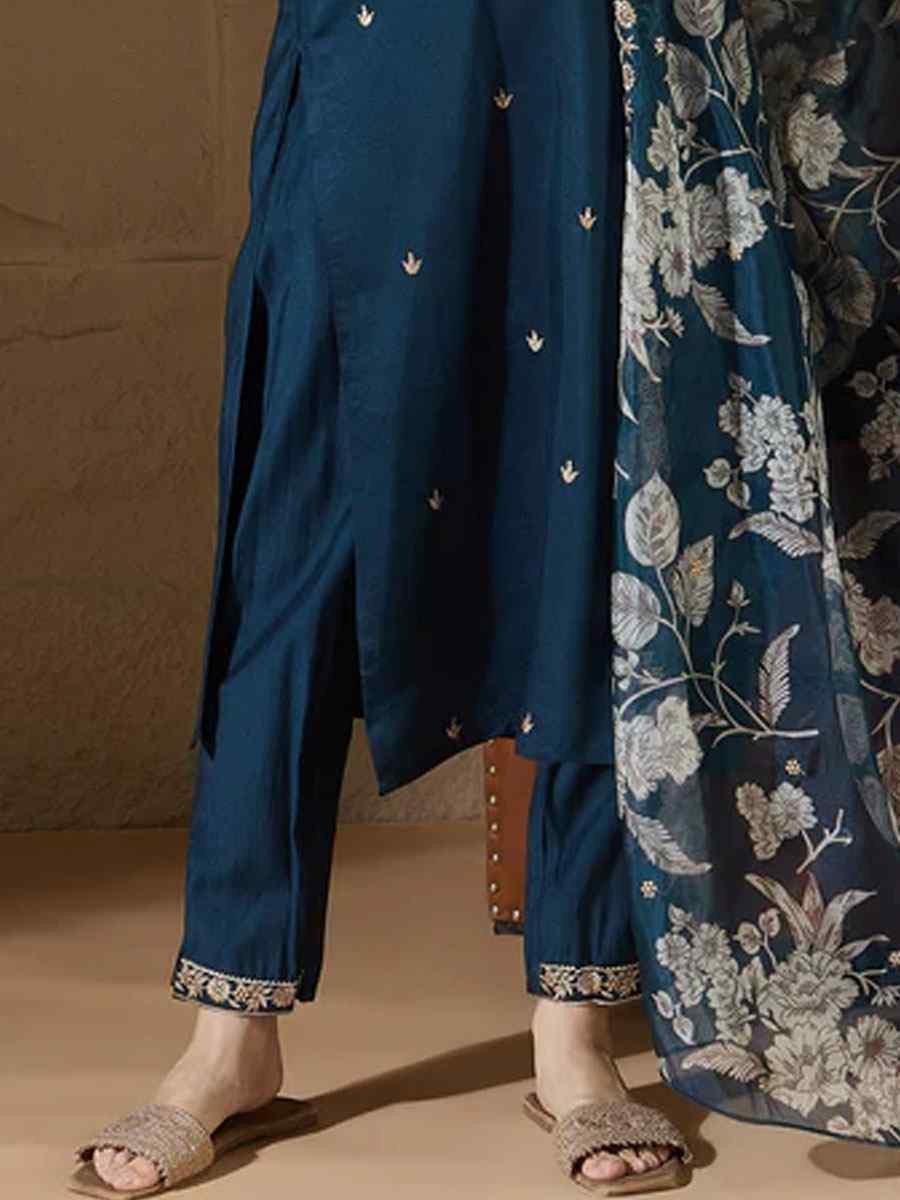 Teal Silk Blend Embroidery Party Wedding Festival Casual Ready Pant Salwar Kameez
