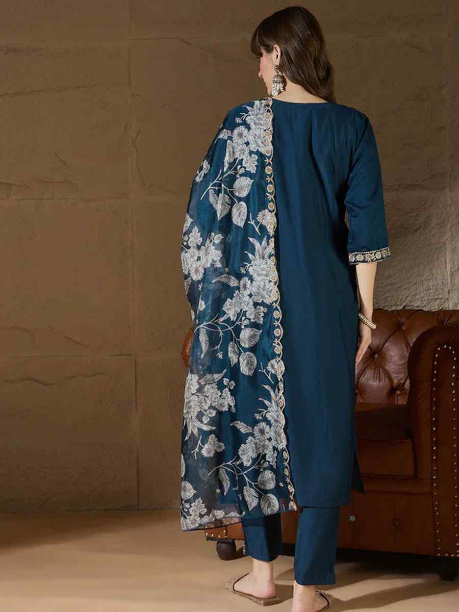 Teal Silk Blend Embroidery Party Wedding Festival Casual Ready Pant Salwar Kameez