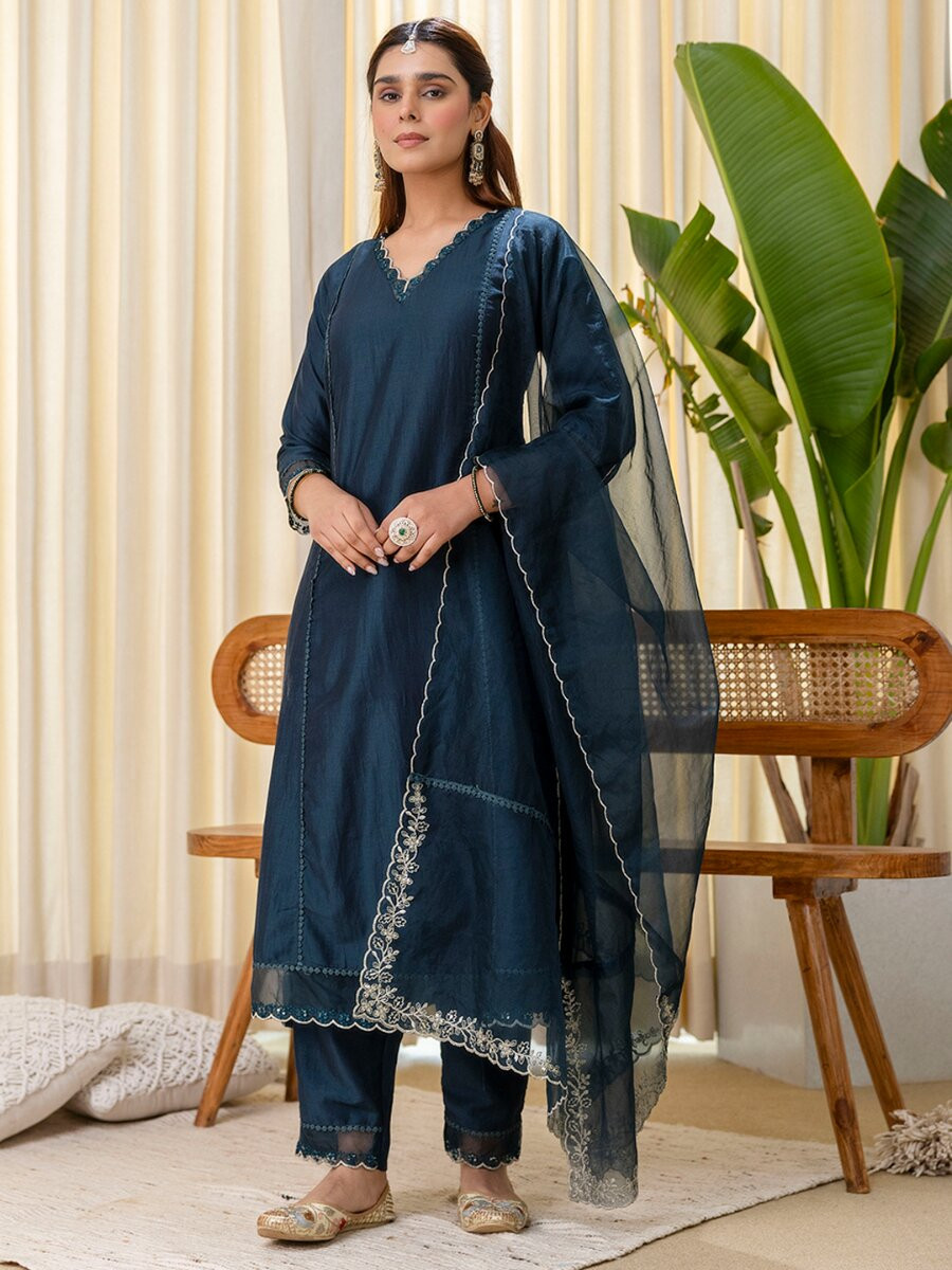 Teal Silk Blend Embroidery Wedding Festival Casual Party Ready Pant Salwar Kameez