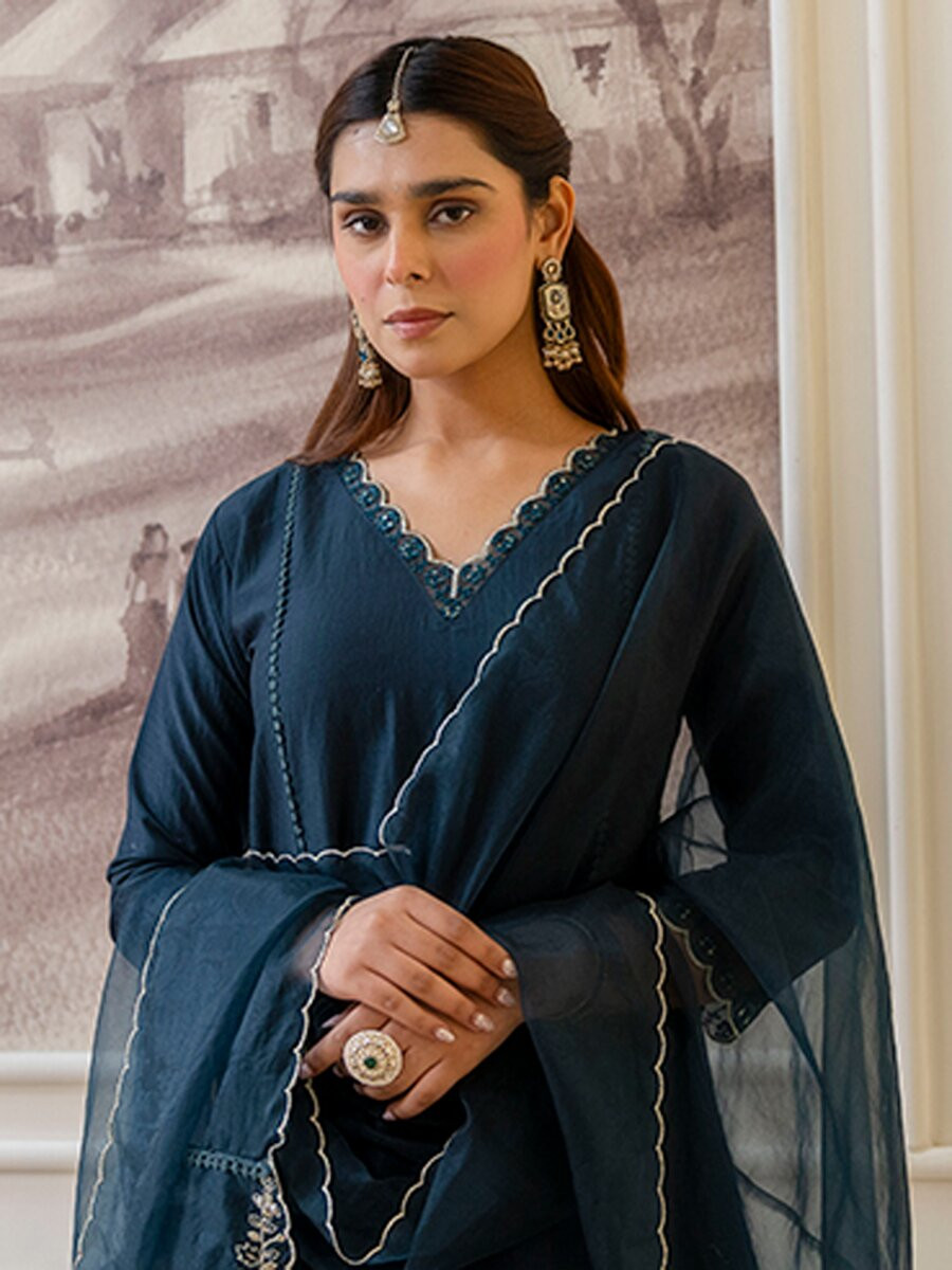 Teal Silk Blend Embroidery Wedding Festival Casual Party Ready Pant Salwar Kameez