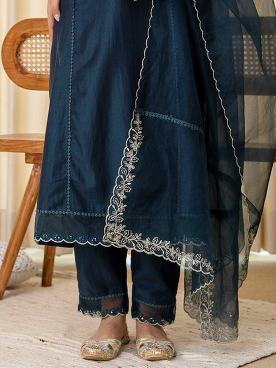 Teal Silk Blend Embroidery Wedding Festival Casual Party Ready Pant Salwar Kameez