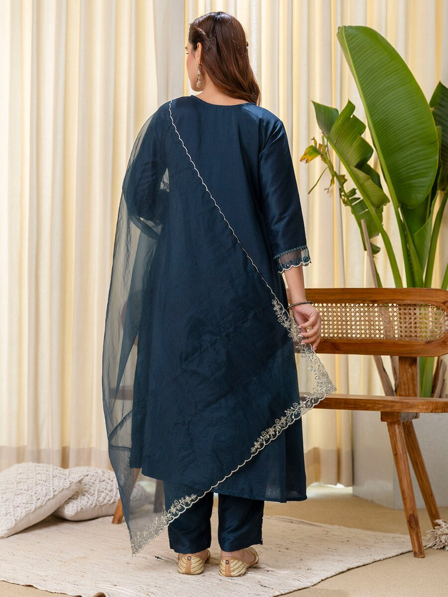 Teal Silk Blend Embroidery Wedding Festival Casual Party Ready Pant Salwar Kameez