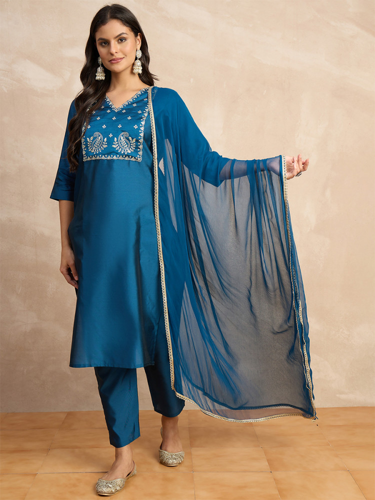 Image of Teal Silk Blend Embroidery Wedding Party Festival Casual Ready Pant Salwar Kameez