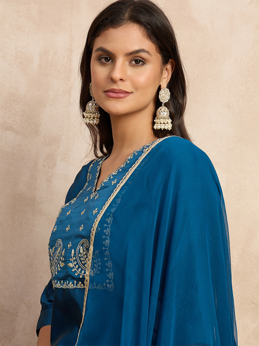 Teal Silk Blend Embroidery Wedding Party Festival Casual Ready Pant Salwar Kameez