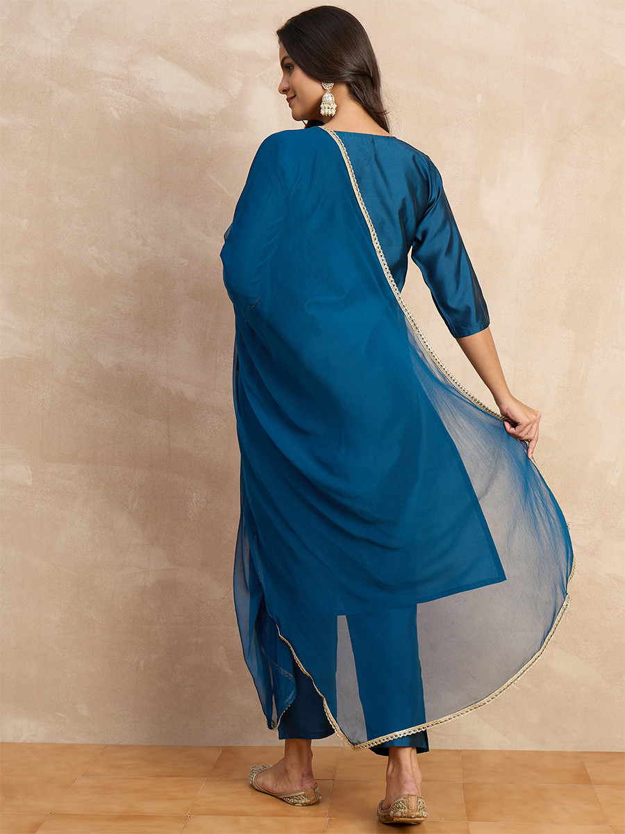 Teal Silk Blend Embroidery Wedding Party Festival Casual Ready Pant Salwar Kameez