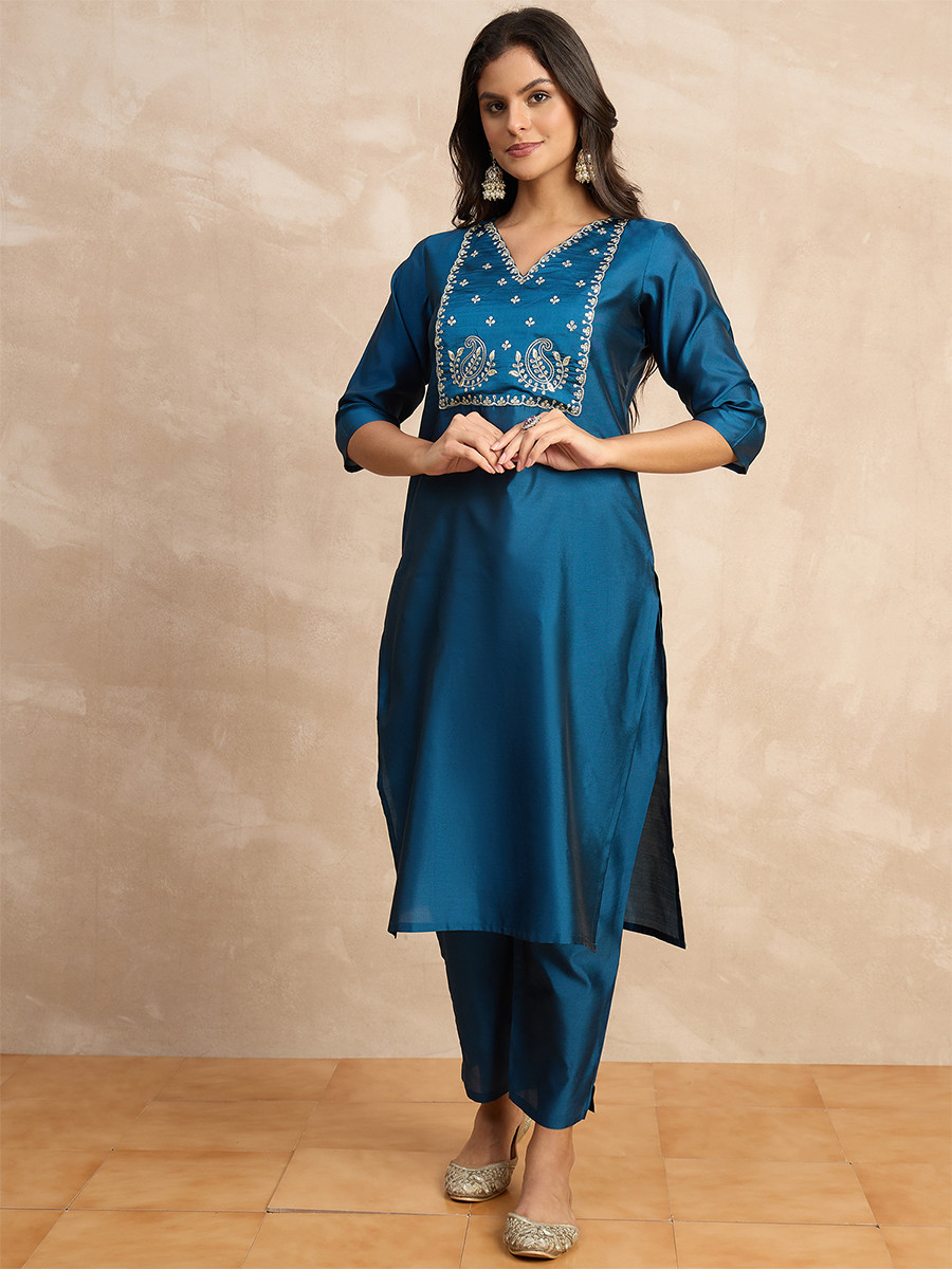 Teal Silk Blend Embroidery Wedding Party Festival Casual Ready Pant Salwar Kameez