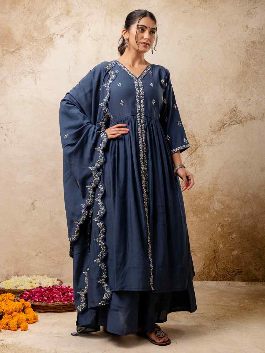 Teal Silk BlendEmbroidered Casual Festival Ready Palazzo Pant Salwar Kameez