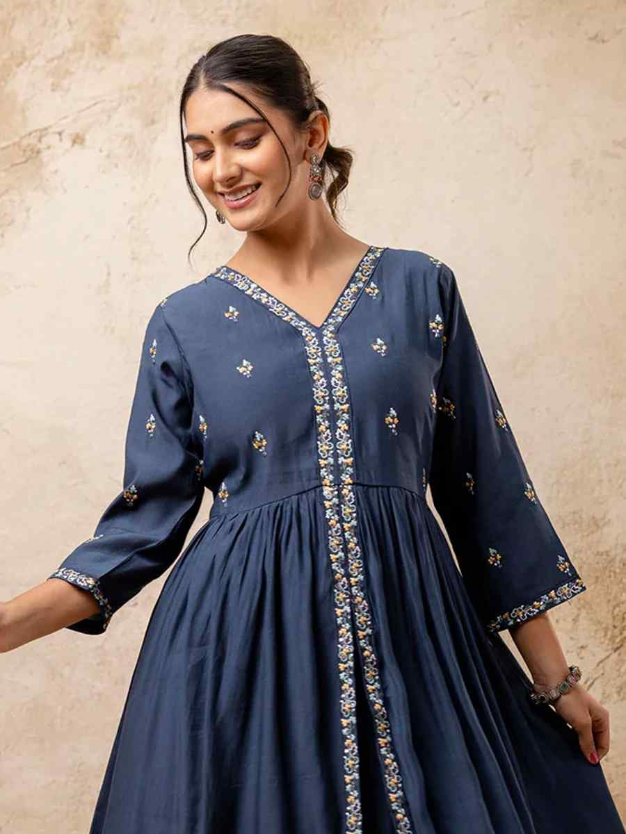 Teal Silk BlendEmbroidered Casual Festival Ready Palazzo Pant Salwar Kameez