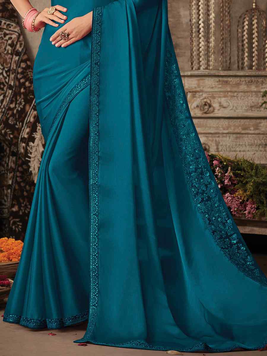 Teal Silk Embroidered Party Festival Classic Style Saree