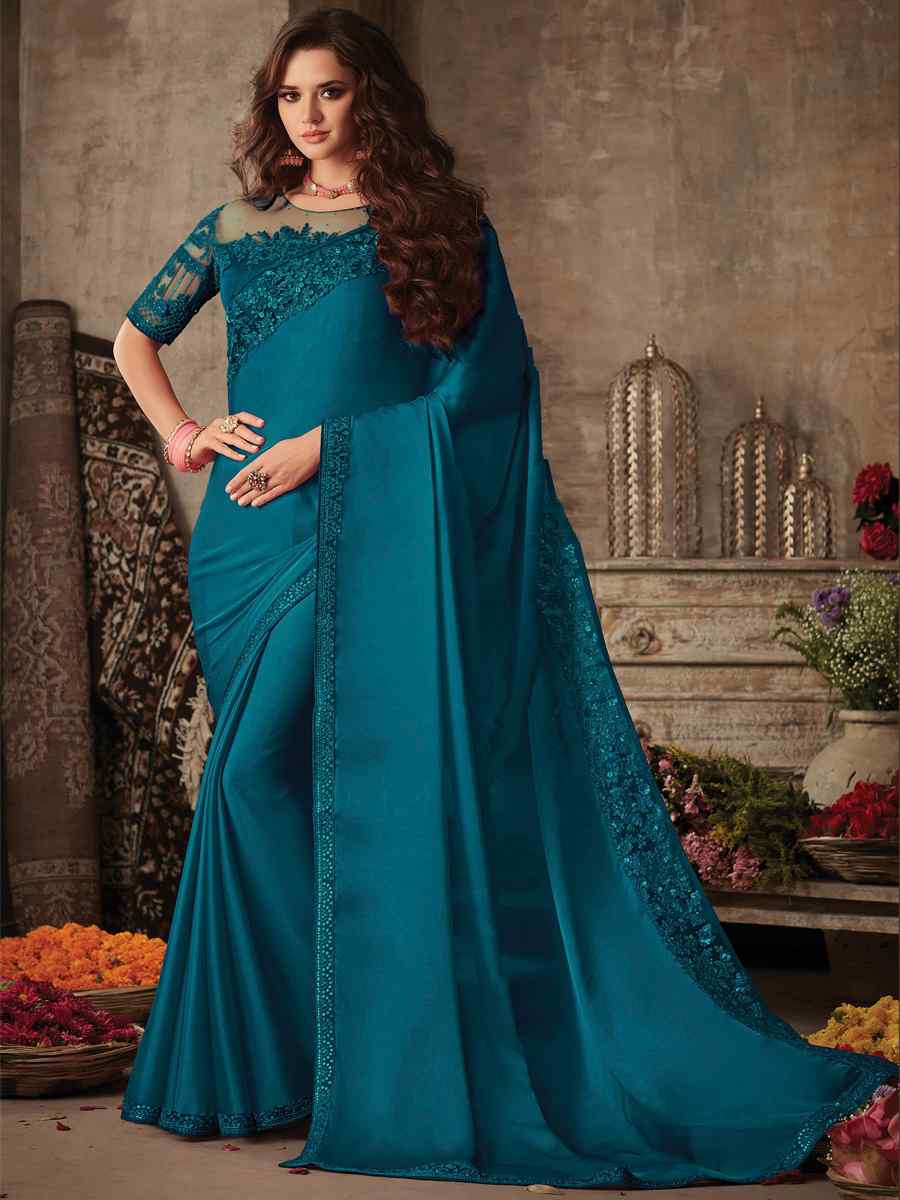 Teal Silk Embroidered Party Festival Classic Style Saree