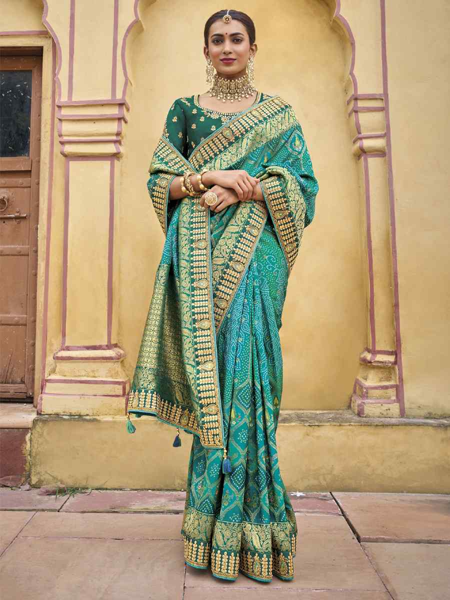 Teal Silk Embroidered Wedding Festival Heavy Border Saree