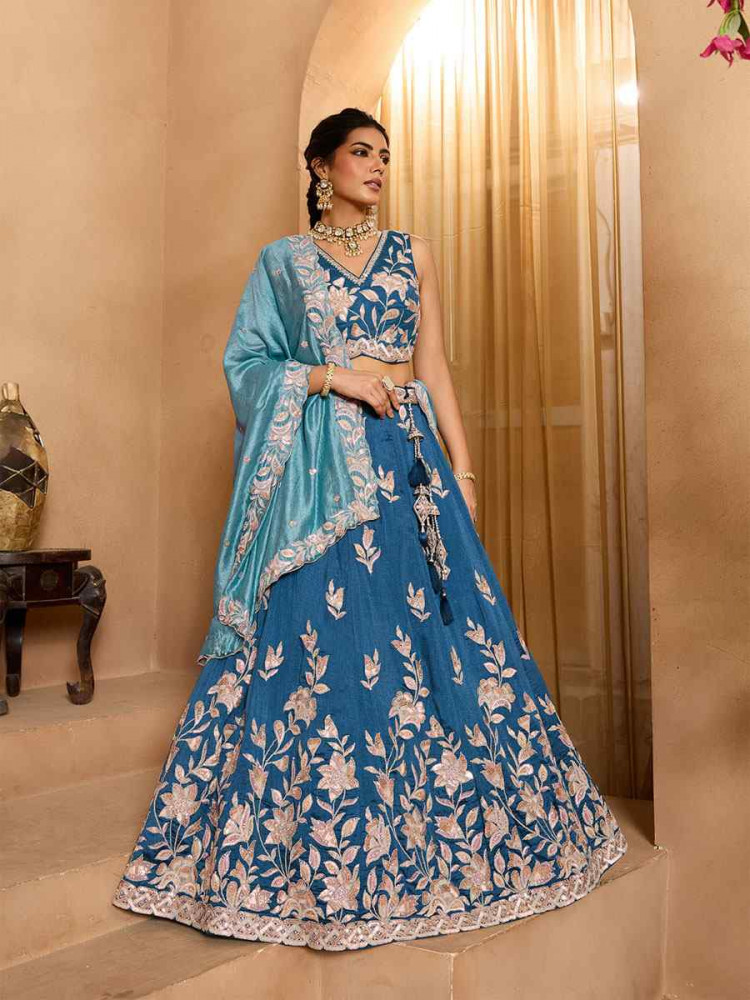 Image of Teal Silk Embroidered Wedding Reception Festival Heavy Border Lehenga Choli