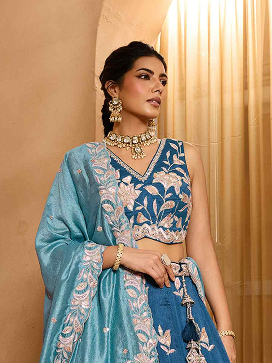 Teal Silk Embroidered Wedding Reception Festival Heavy Border Lehenga Choli