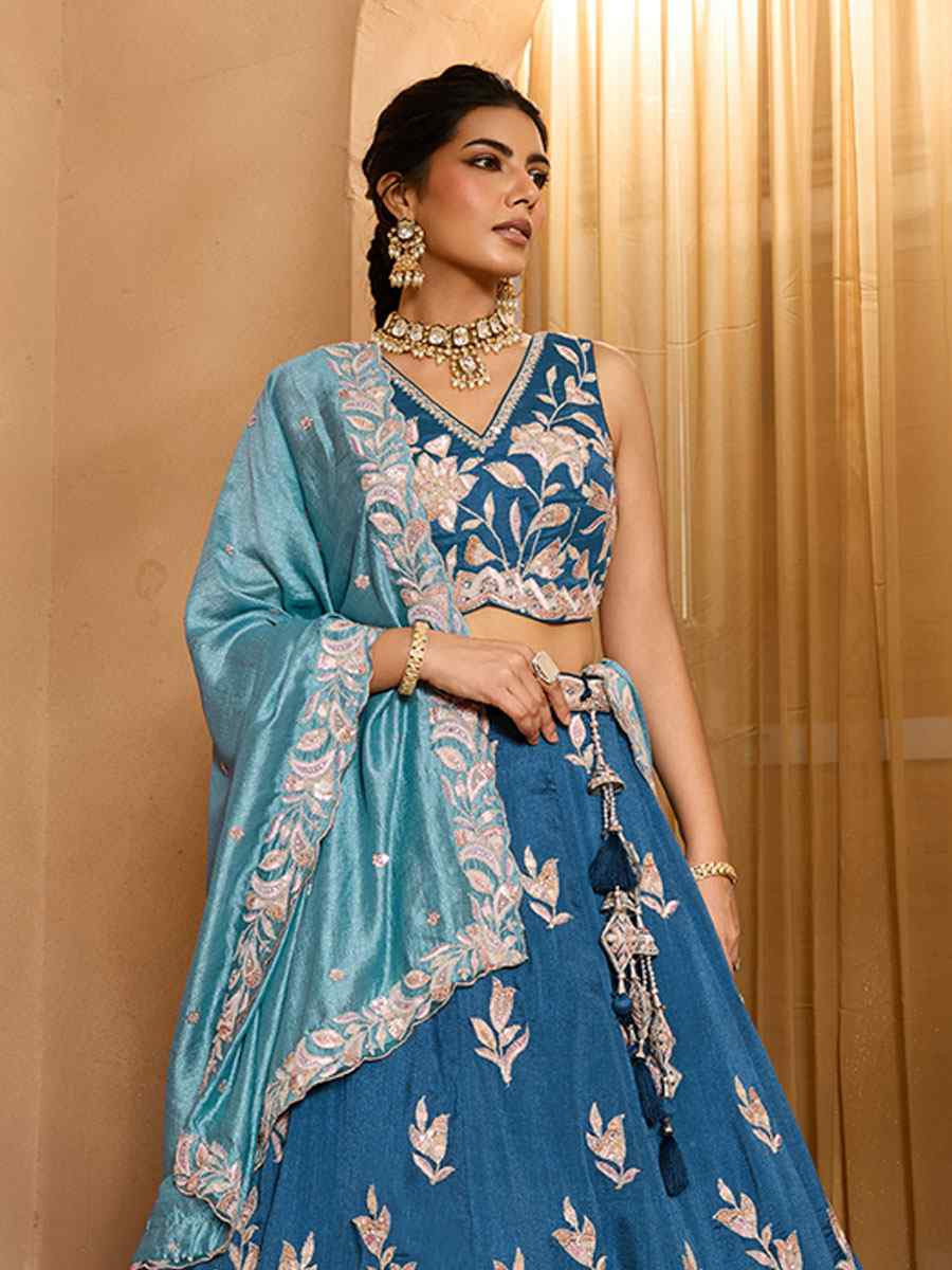Teal Silk Embroidered Wedding Reception Festival Heavy Border Lehenga Choli