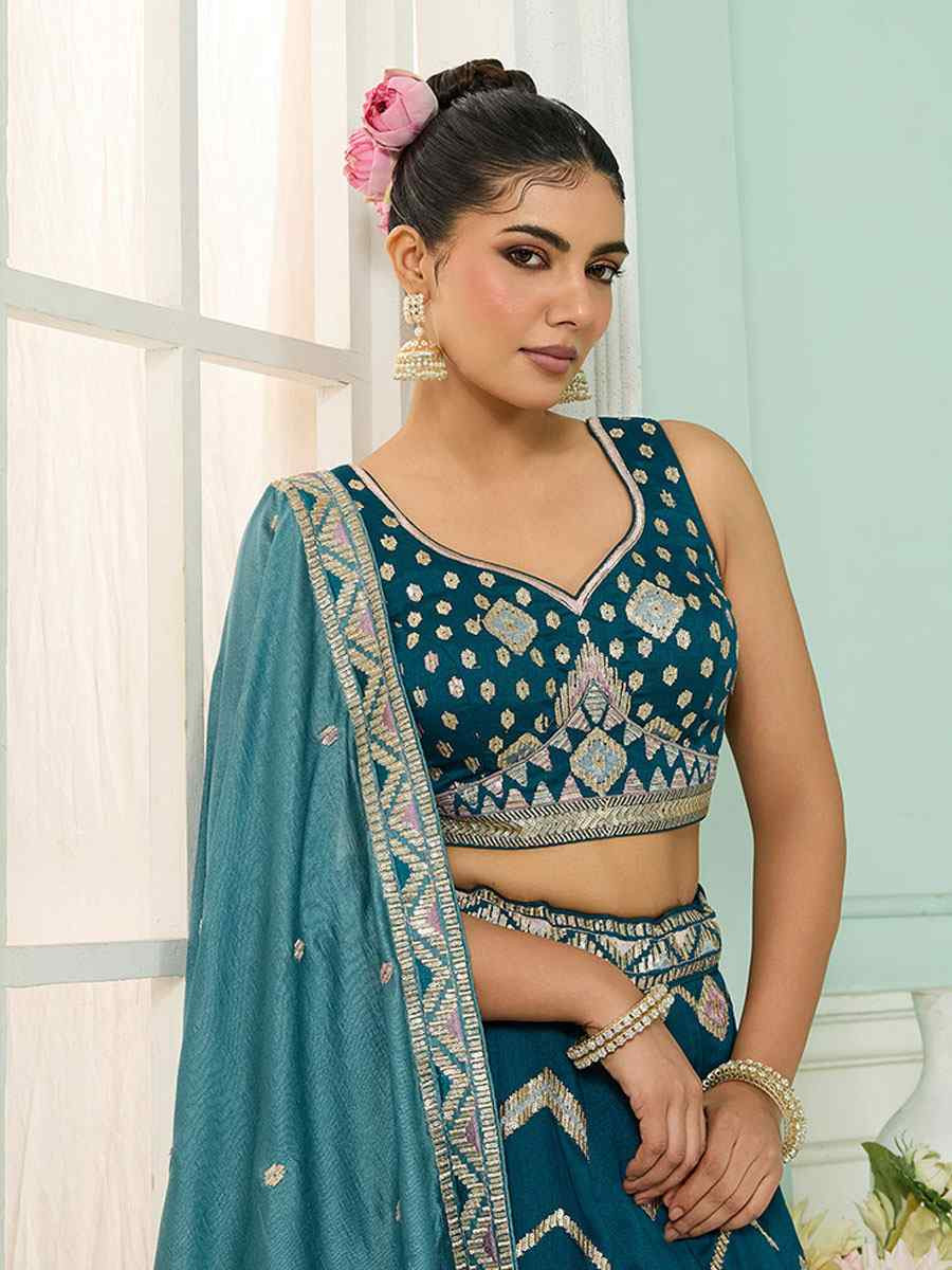 Teal Silk Embroidered Wedding Reception Festival Heavy Border Lehenga Choli