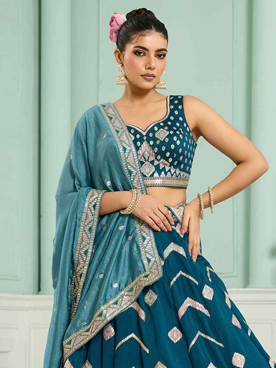 Teal Silk Embroidered Wedding Reception Festival Heavy Border Lehenga Choli