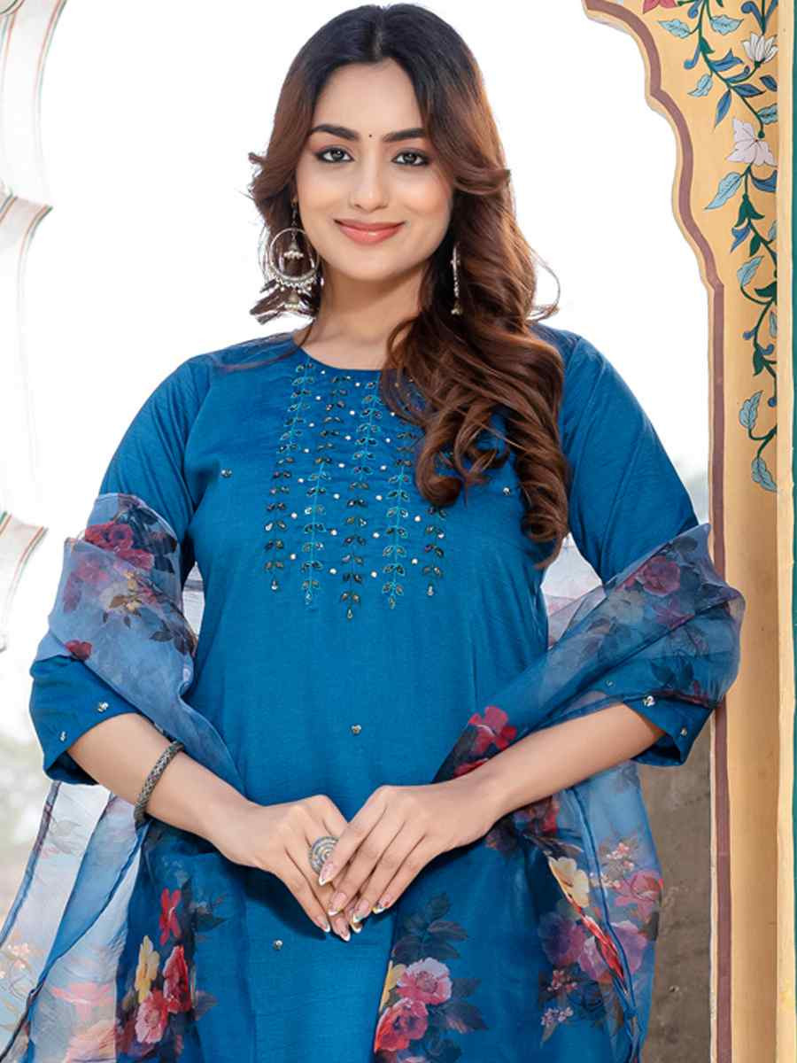 Teal Silk Embroidery Party Wedding Festival Casual Ready Pant Salwar Kameez