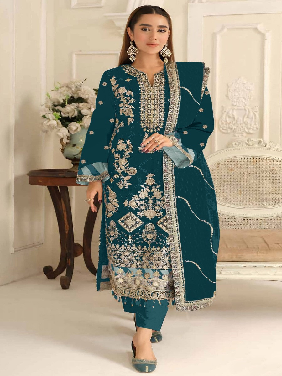 Teal Silk Embroidery Sequins Zari Wedding Party Festival Casual Engagement Pant Salwar Kameez
