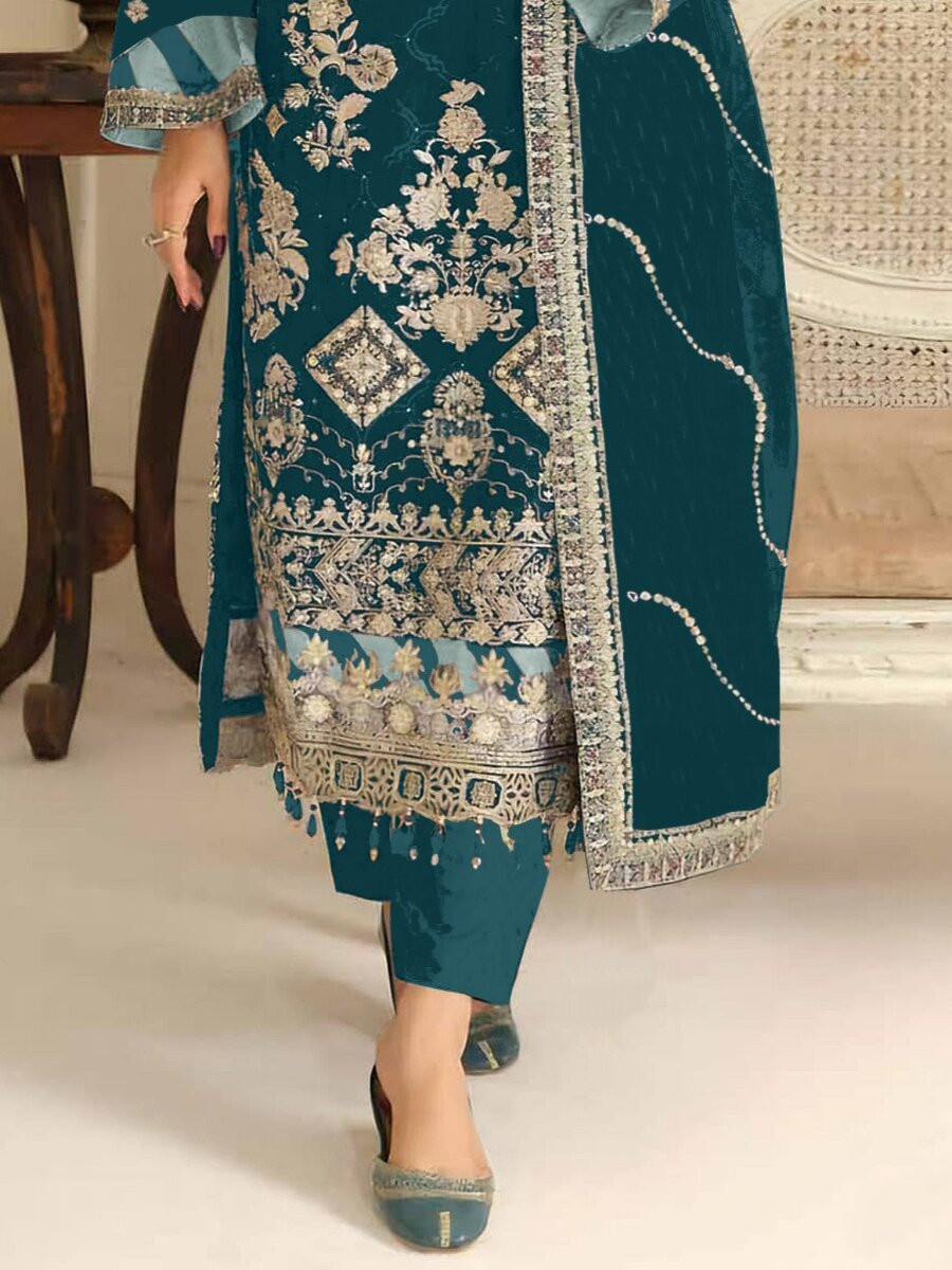 Teal Silk Embroidery Sequins Zari Wedding Party Festival Casual Engagement Pant Salwar Kameez