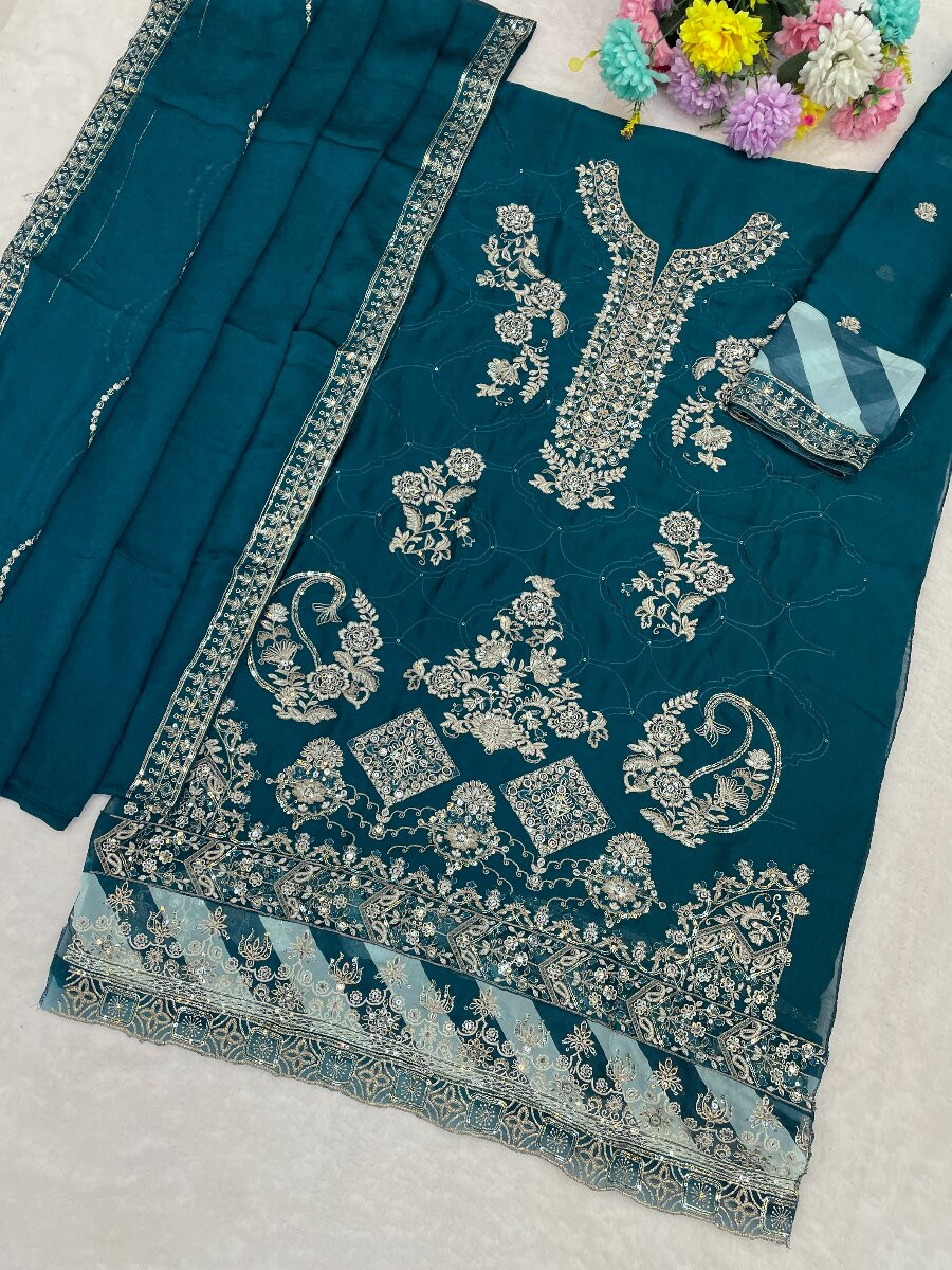 Teal Silk Embroidery Sequins Zari Wedding Party Festival Casual Engagement Pant Salwar Kameez