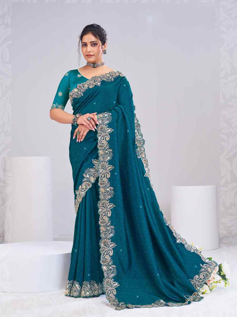 Teal Silk Embroidery Traditional Bridal Reception Festival Wedding Fancy Heavy Border Saree