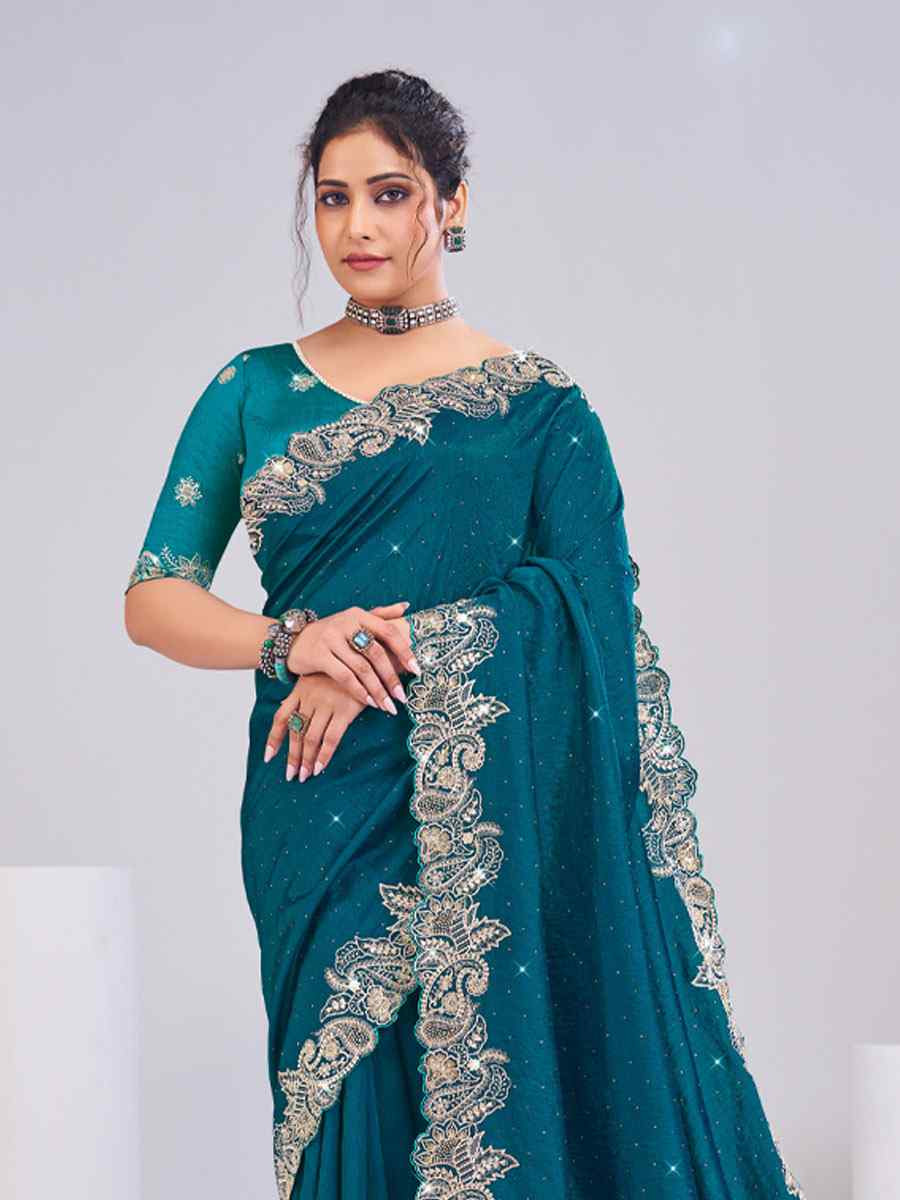 Teal Silk Embroidery Traditional Bridal Reception Festival Wedding Fancy Heavy Border Saree