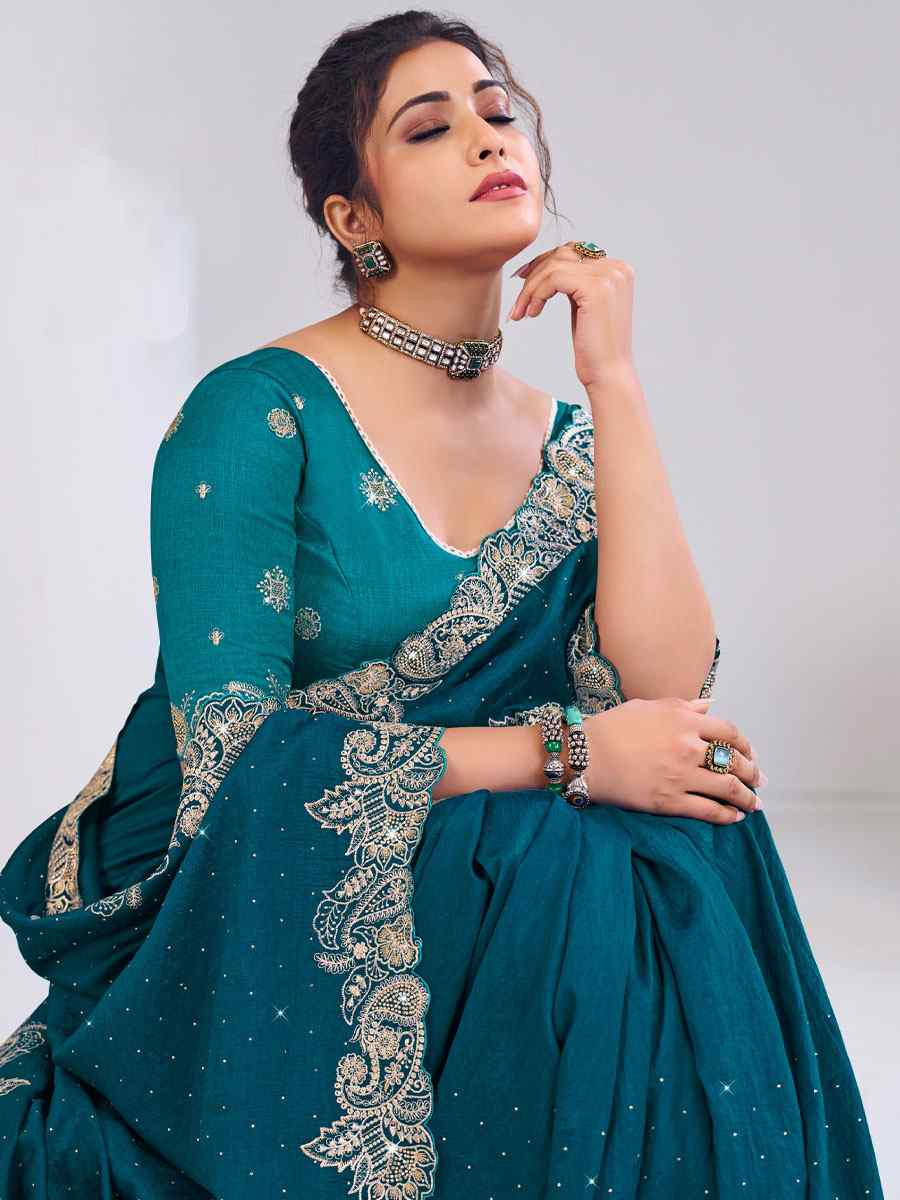 Teal Silk Embroidery Traditional Bridal Reception Festival Wedding Fancy Heavy Border Saree