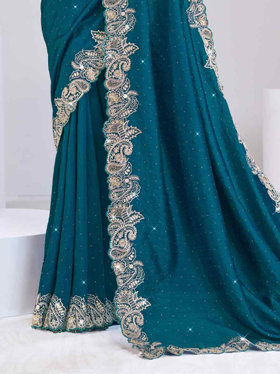 Teal Silk Embroidery Traditional Bridal Reception Festival Wedding Fancy Heavy Border Saree